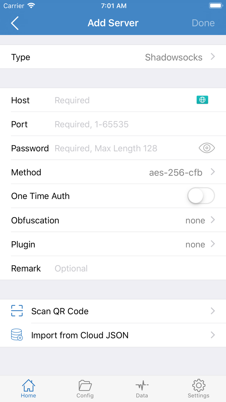 Official Shadowrocket Add Server screen showing Type, Host, Port, Password, Method, and import options