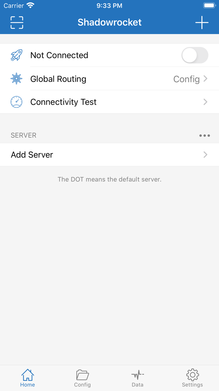 연결 스위치, Global Routing 및 Connectivity Test가 표시된 Shadowrocket Home 공식 화면